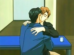 Gay anime couple in apartment kissing and makeout